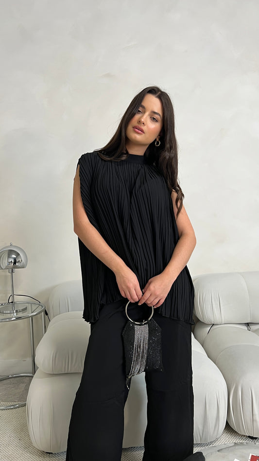 Pleated Sleeveless Top and Trouser Set | Black