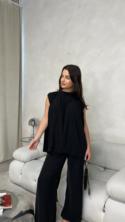 Pleated Sleeveless Top and Trouser Set | Black