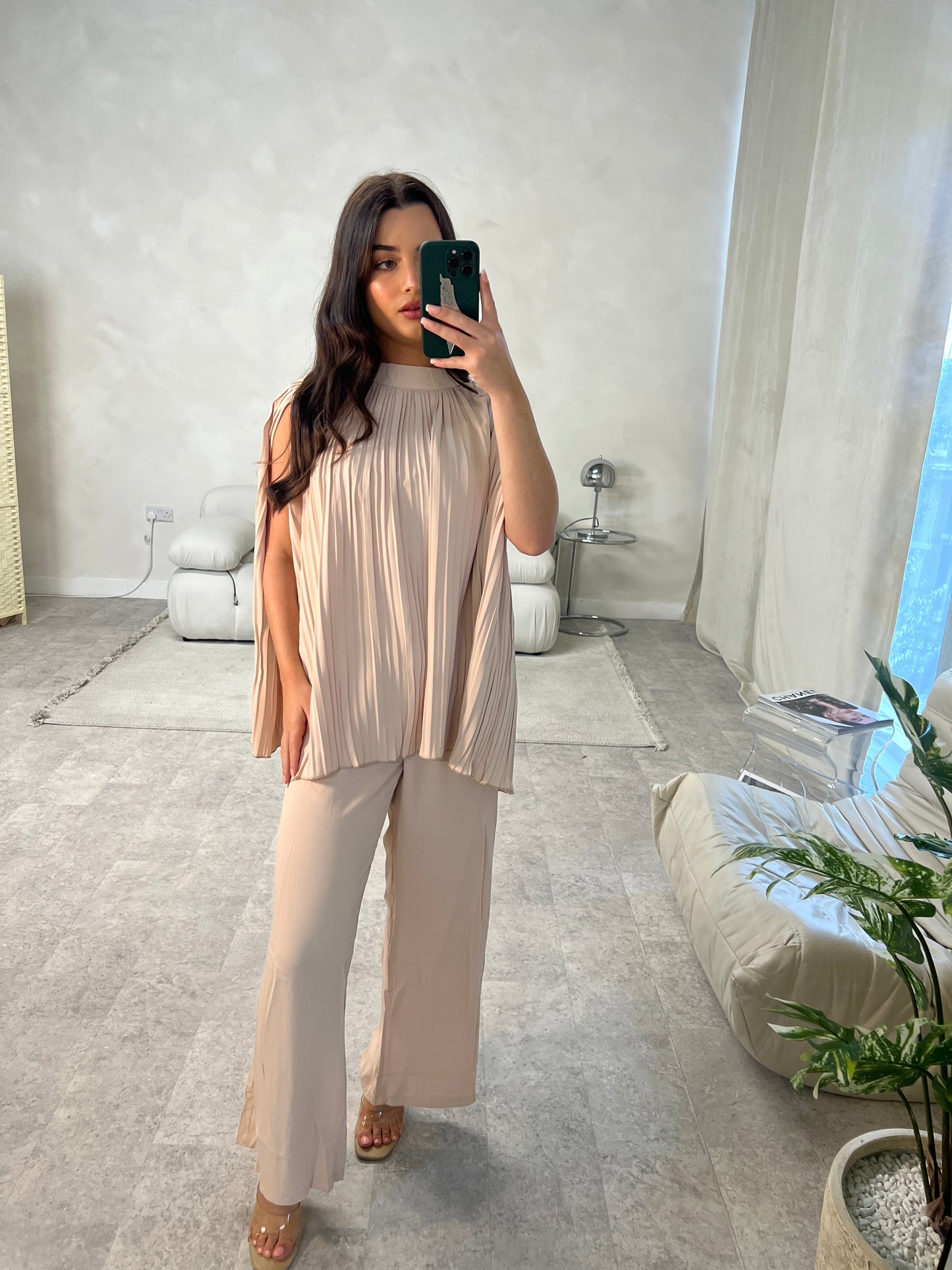 Pleated Sleeveless Top and Trouser Set | Nude