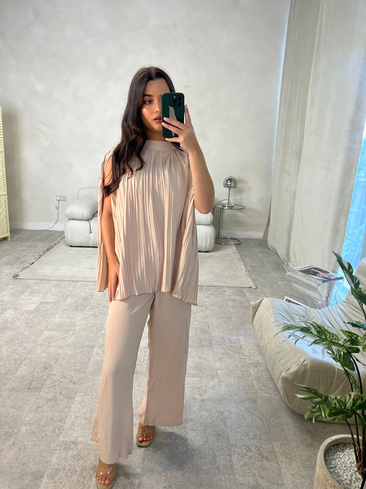 Pleated Sleeveless Top and Trouser Set | Nude