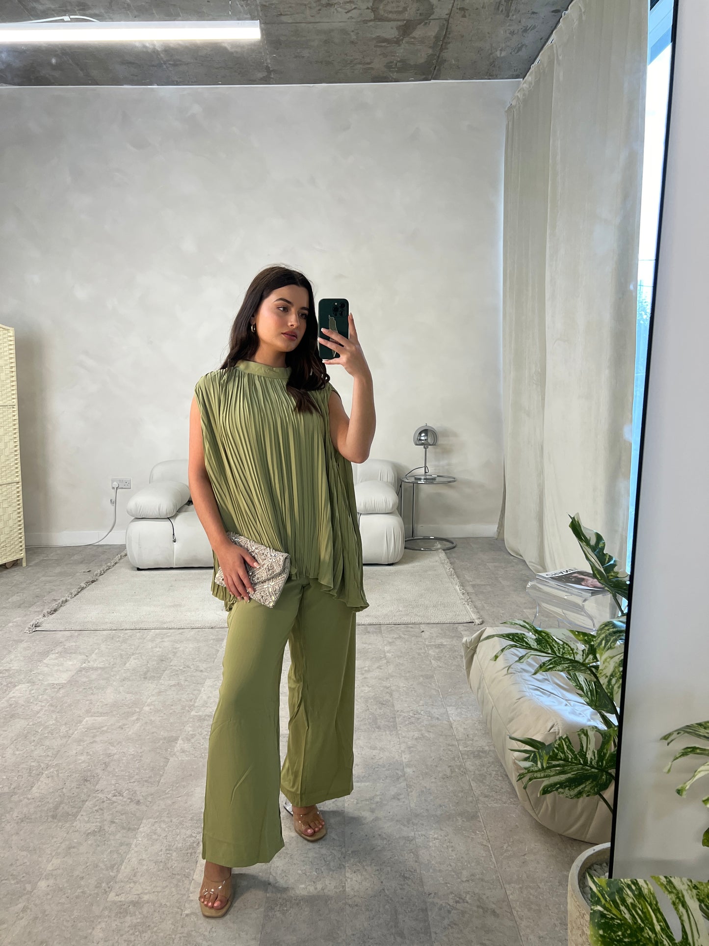 Pleated Sleeveless Top and Trouser Set | Spring Lime