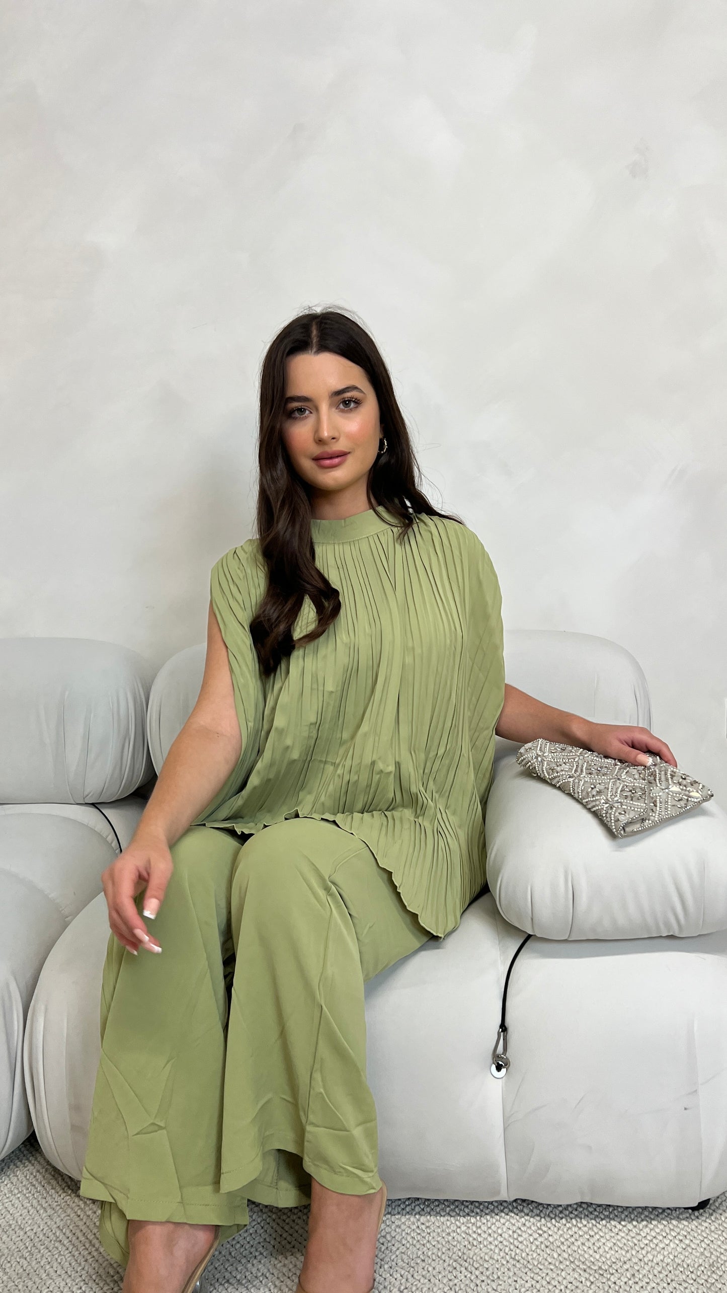 Pleated Sleeveless Top and Trouser Set | Spring Lime