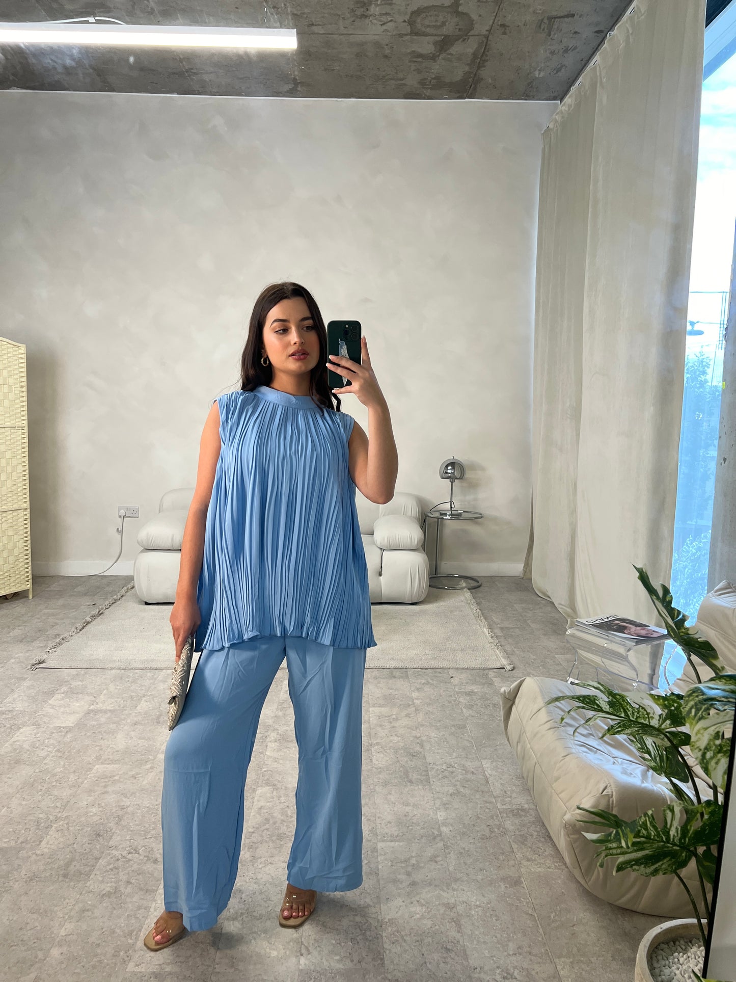 Pleated Sleeveless Top and Trouser Set | Sky Blue