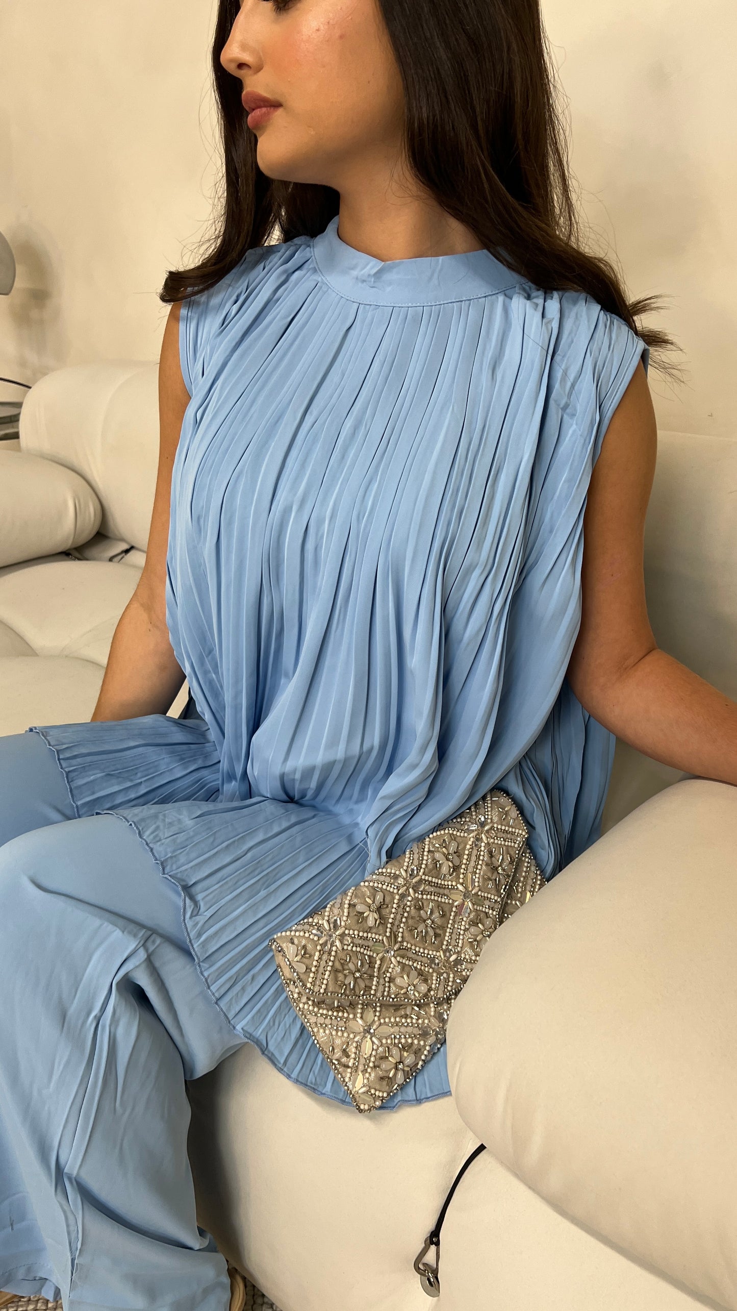 Pleated Sleeveless Top and Trouser Set | Sky Blue