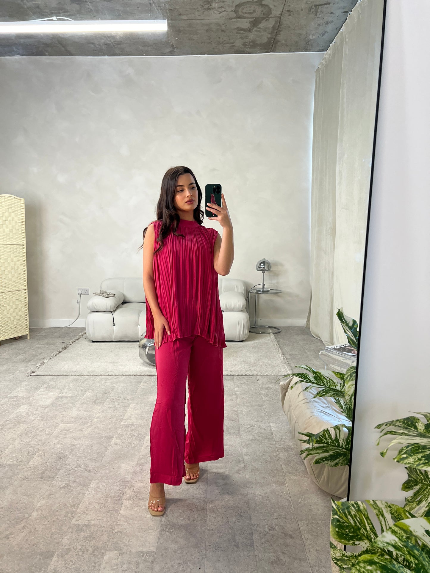 Pleated Sleeveless Top and Trouser Set | Magenta