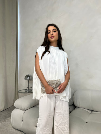 Pleated Sleeveless Top and Trouser Set | White