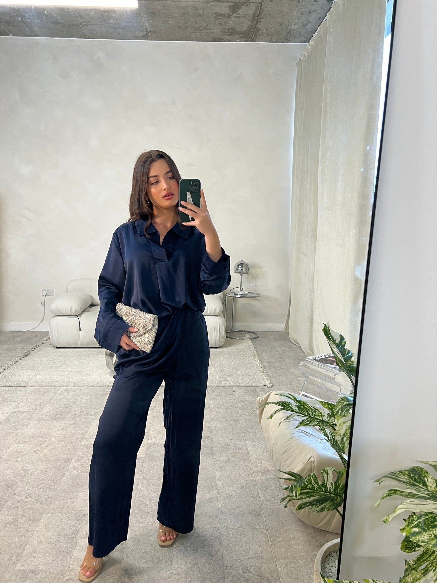 Satin Closed Shirt and Trouser Set | Midnight Blue