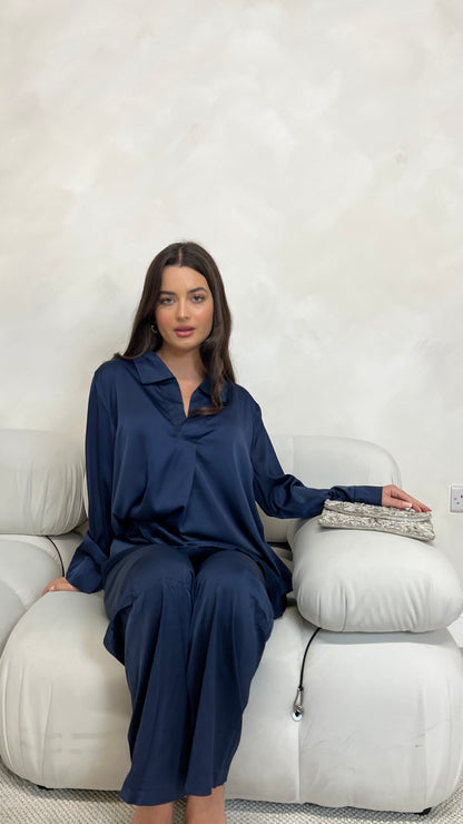 Satin Closed Shirt and Trouser Set | Midnight Blue