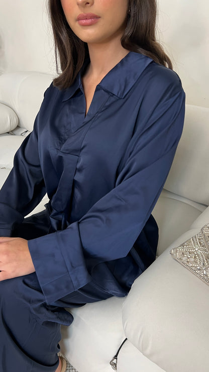 Satin Closed Shirt and Trouser Set | Midnight Blue