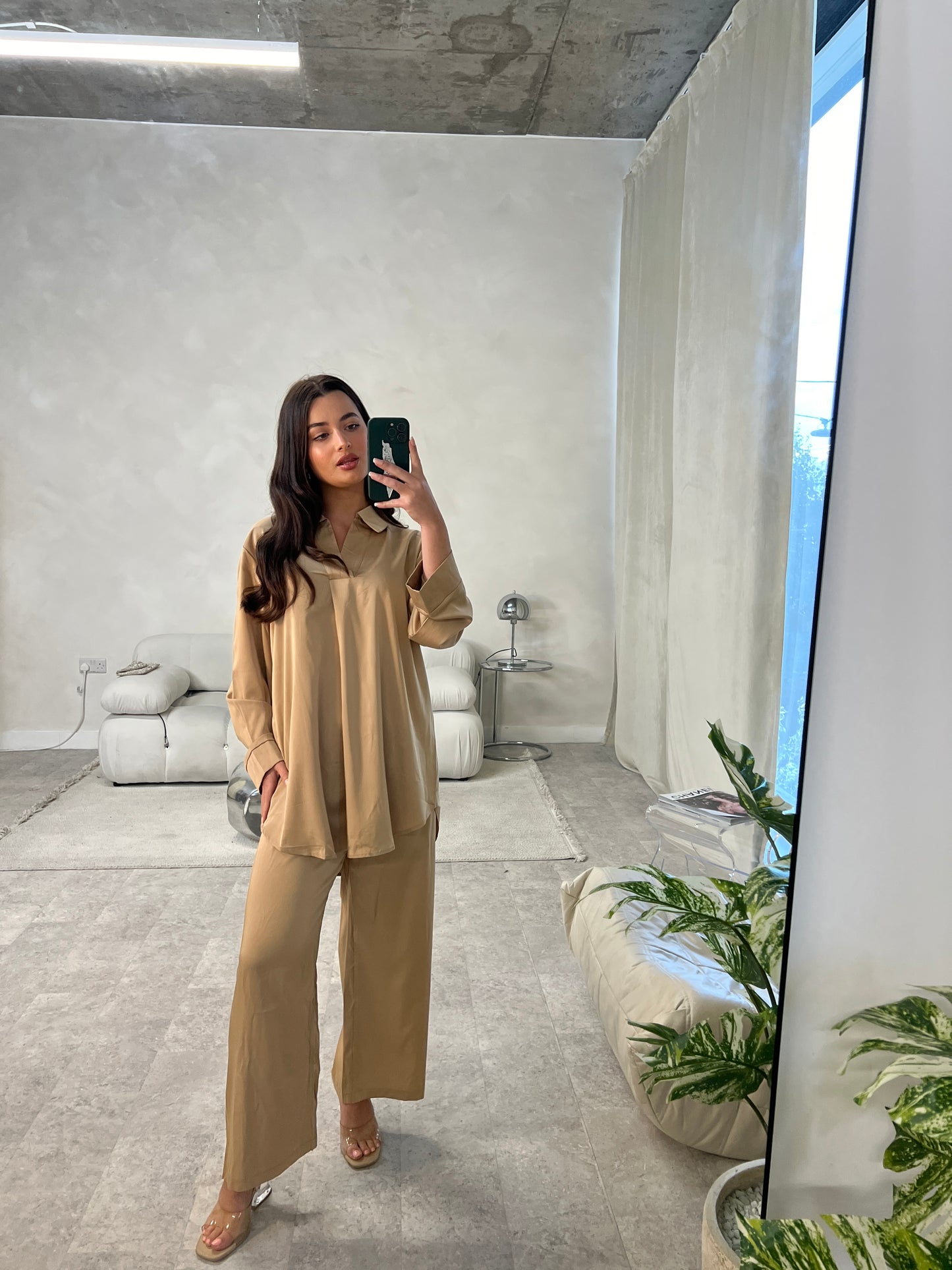 Satin Closed Shirt and Trouser Set | Champagne Beige