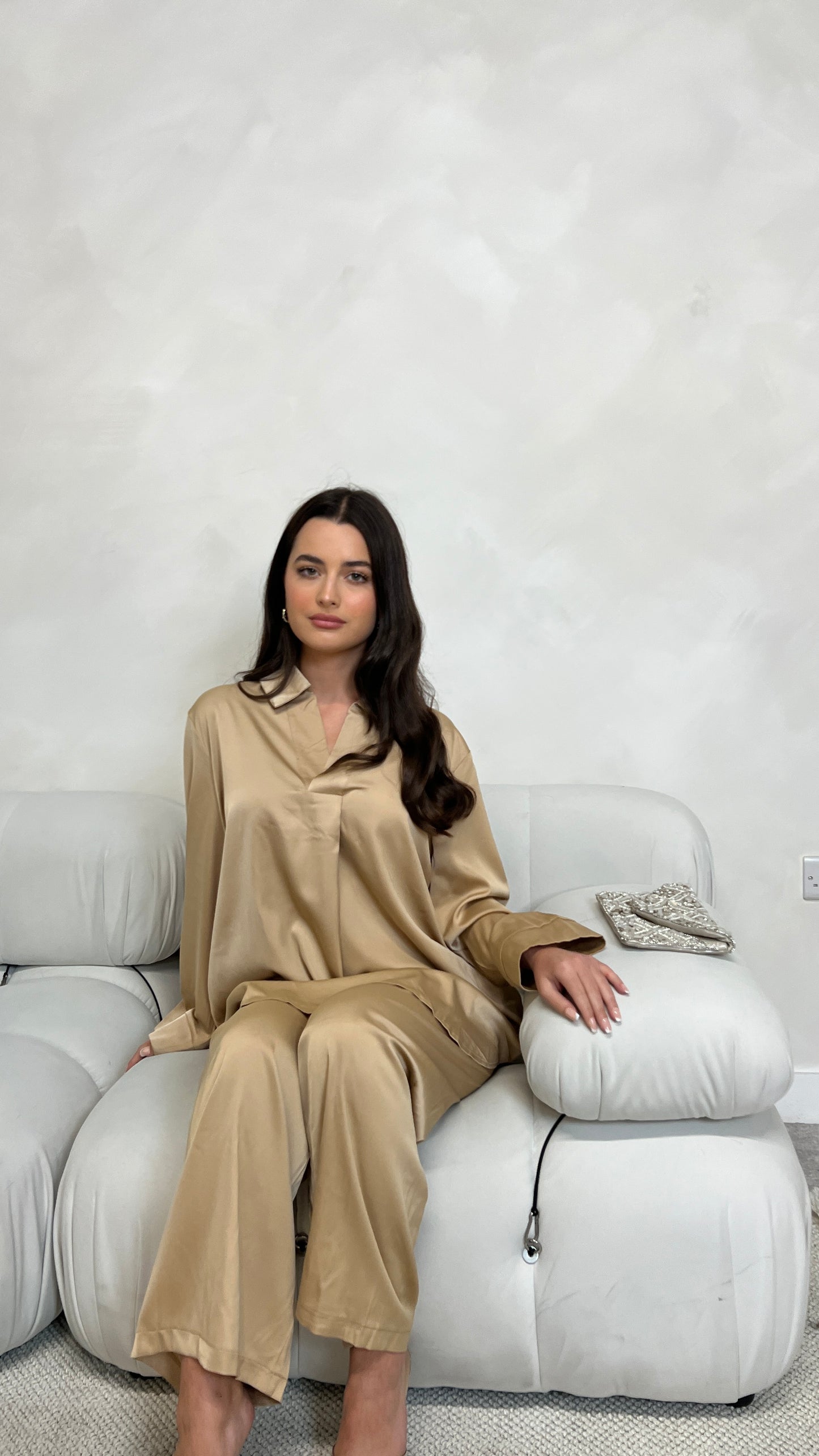 Satin Closed Shirt and Trouser Set | Champagne Beige