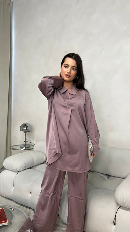 Satin Closed Shirt and Trouser Set | Rosy Purple