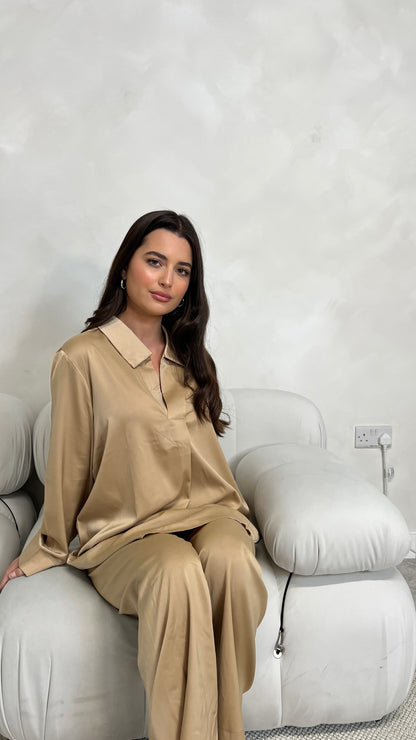 Satin Closed Shirt and Trouser Set | Champagne Beige