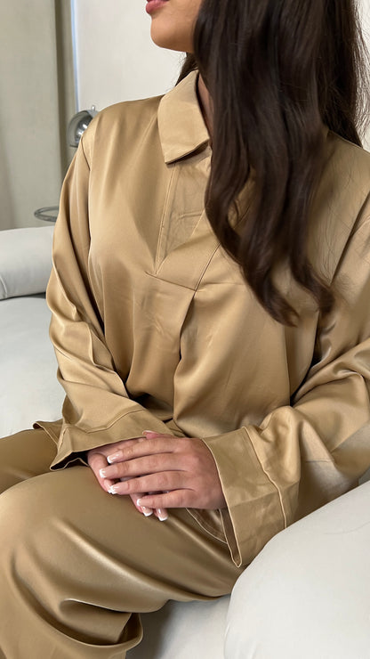 Satin Closed Shirt and Trouser Set | Champagne Beige