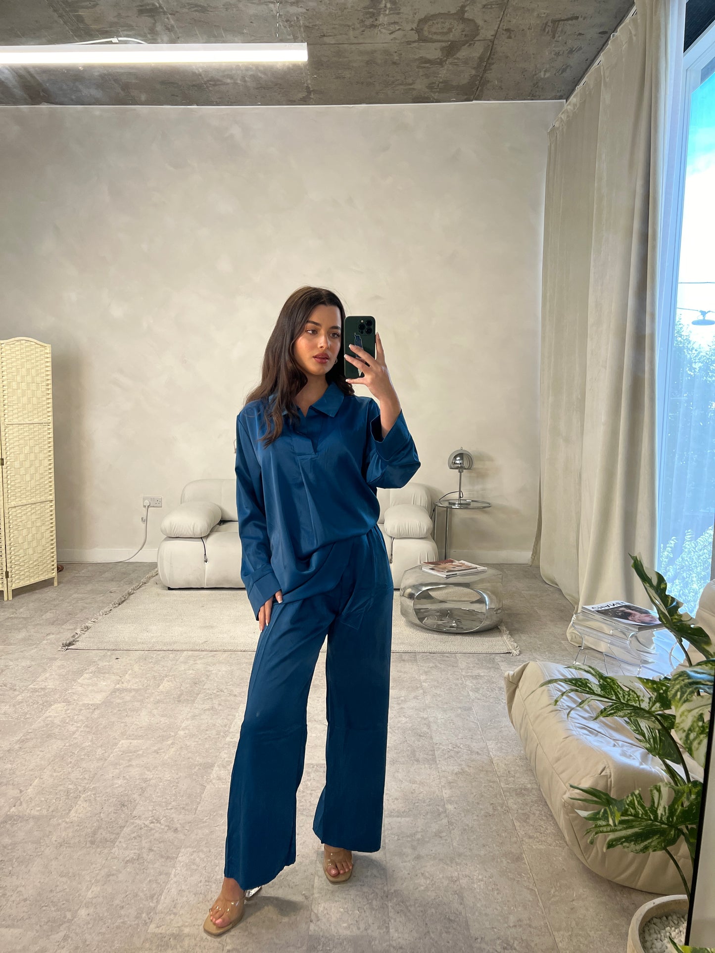 Satin Closed Shirt and Trouser Set | Jade Blue