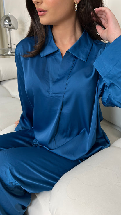 Satin Closed Shirt and Trouser Set | Jade Blue