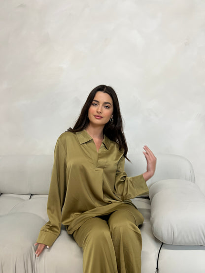 Satin Closed Shirt and Trouser Set | Moss Green