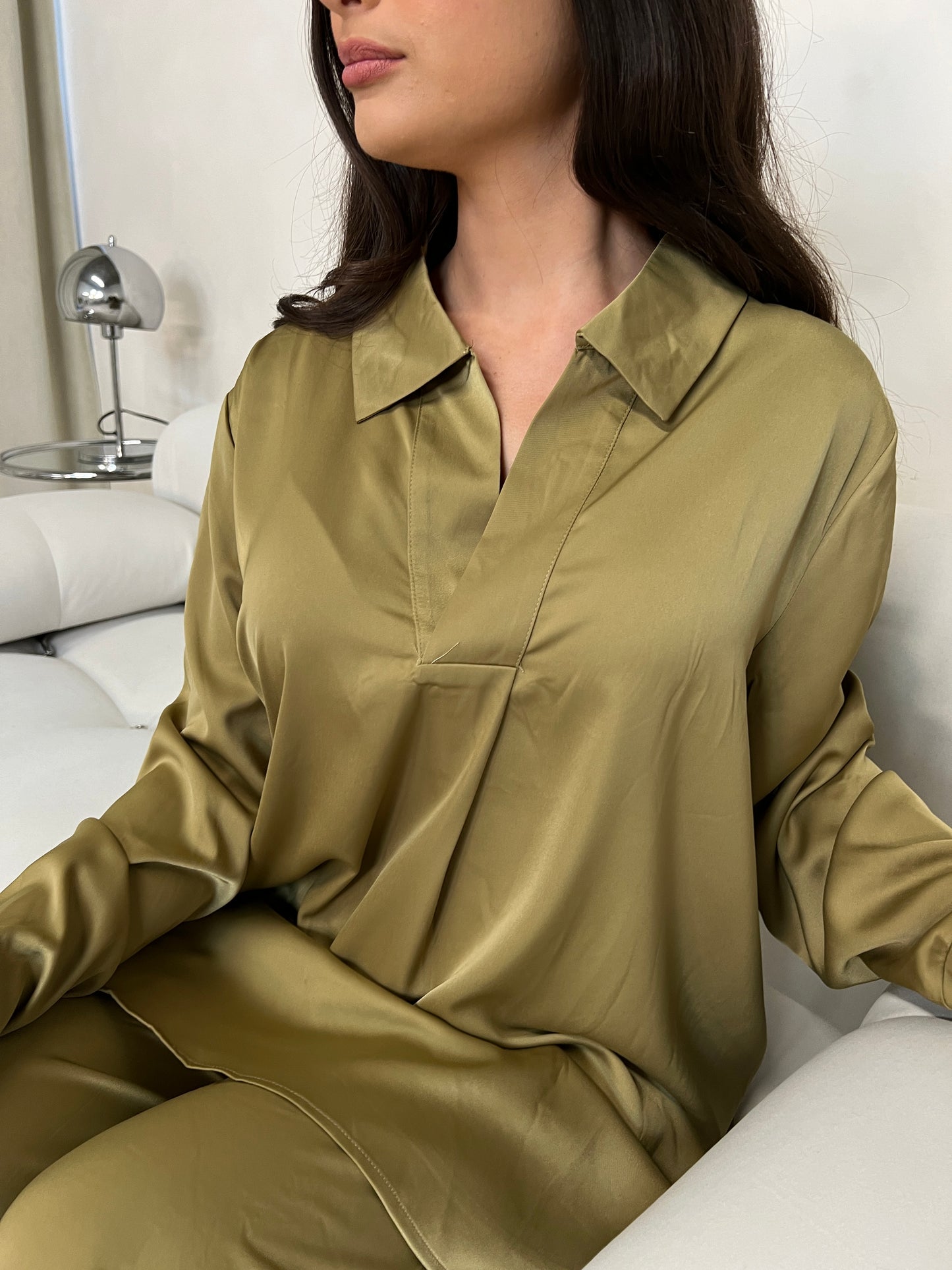 Satin Closed Shirt and Trouser Set | Moss Green