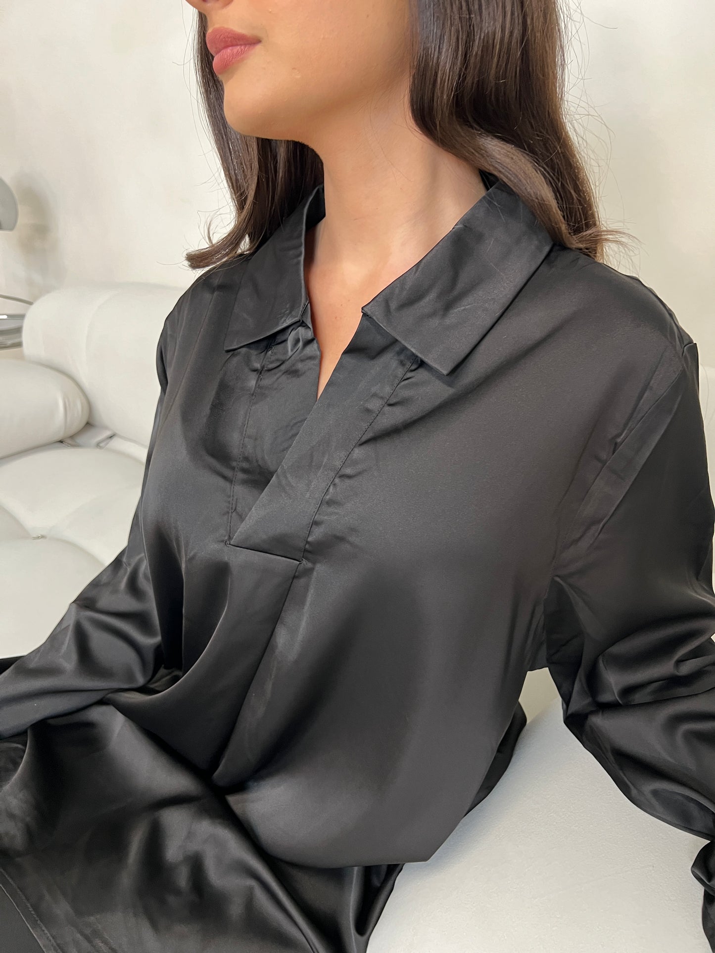 Satin Closed Shirt and Trouser Set | Black