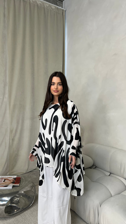 Brush Print Poncho and Trouser Set | Black and White