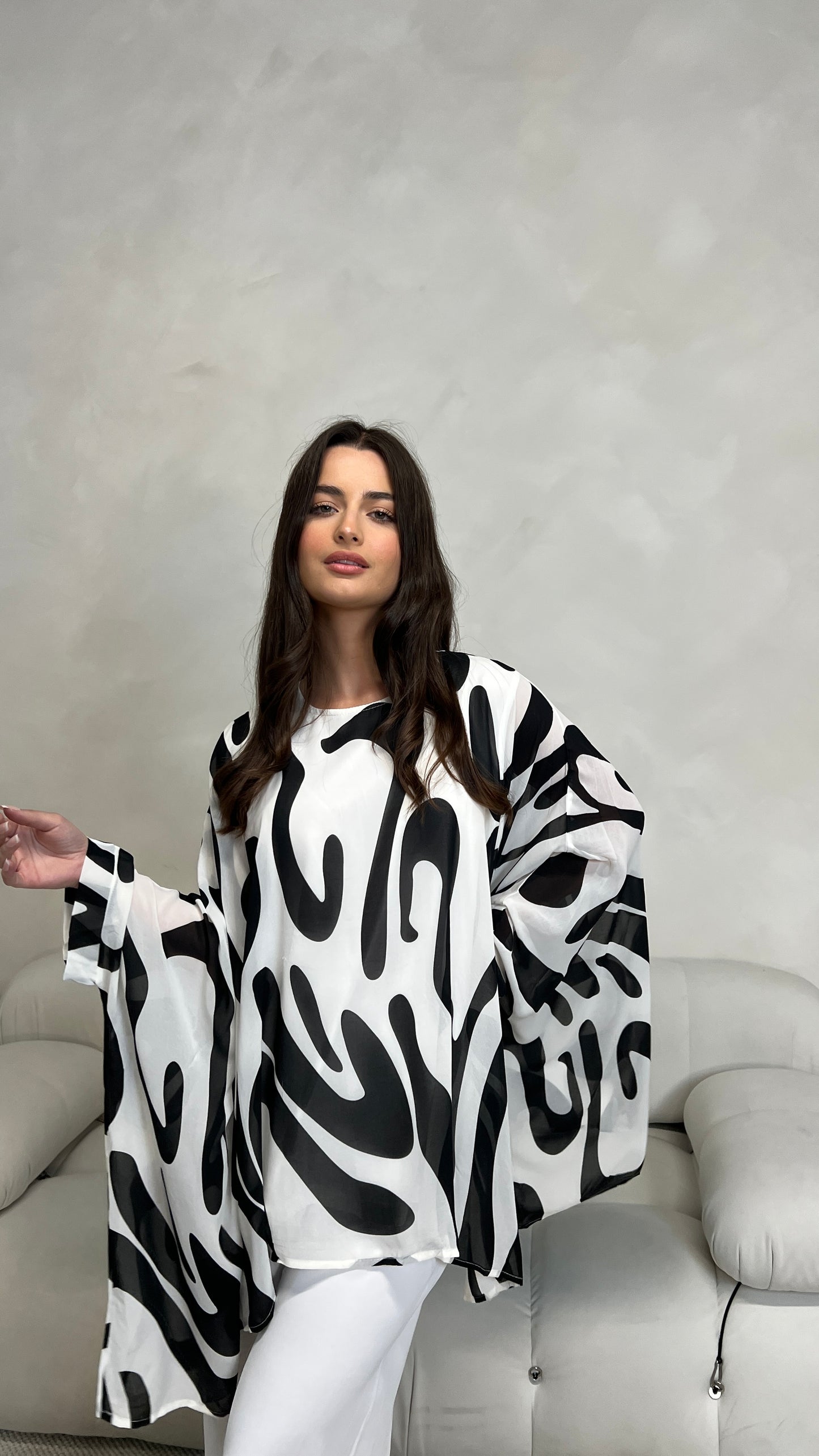 Brush Print Poncho and Trouser Set | Black and White