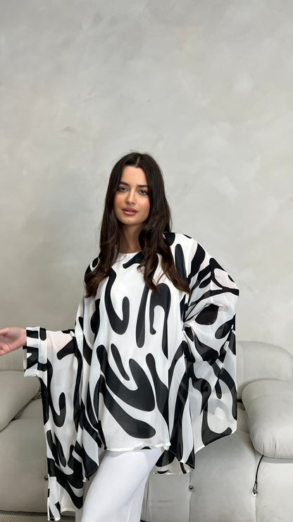 Brush Print Poncho and Trouser Set | Black and White