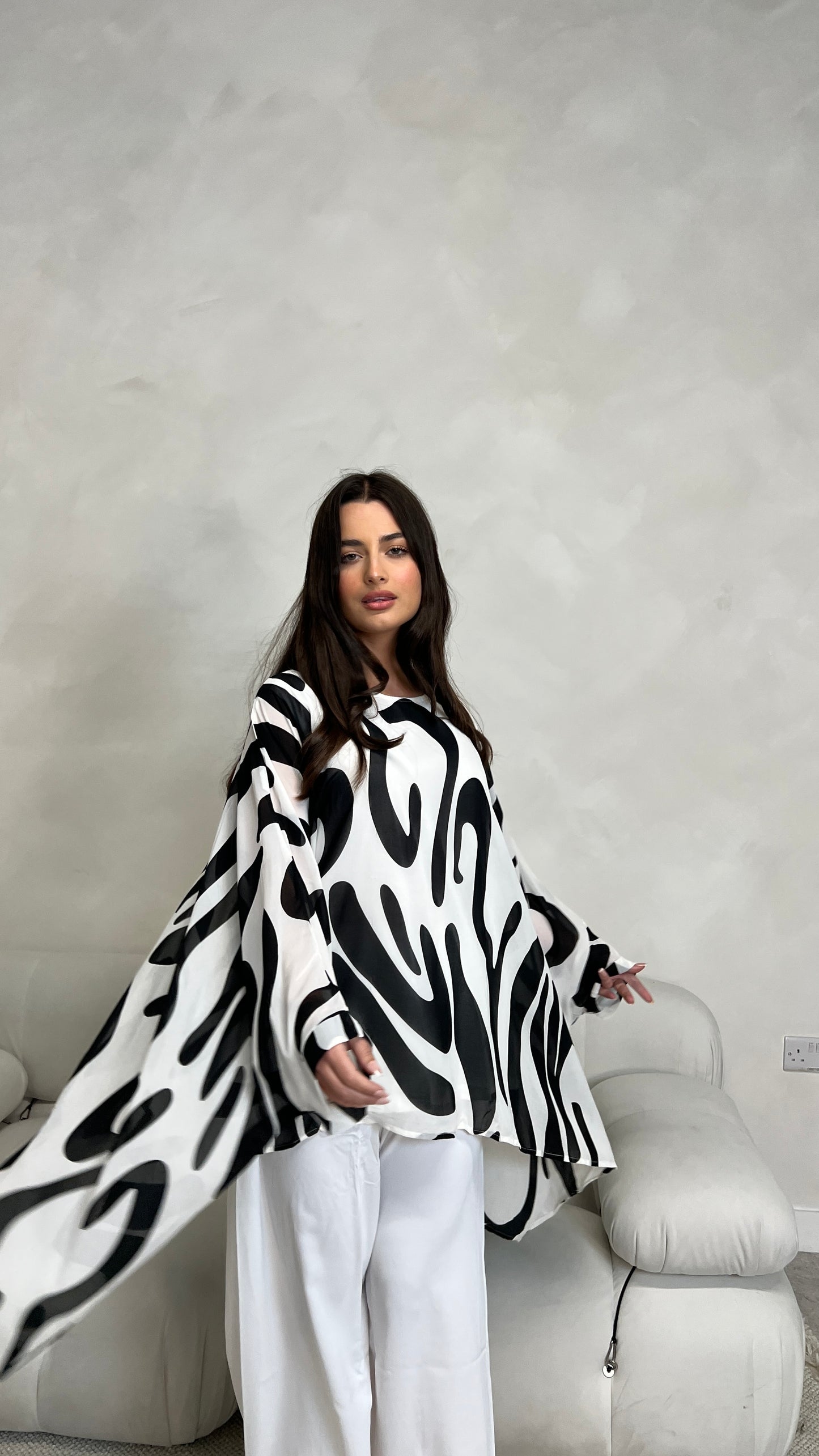 Brush Print Poncho and Trouser Set | Black and White