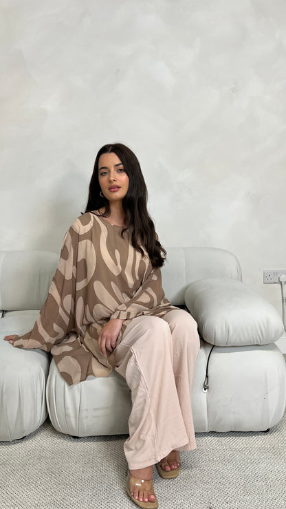 Brush Print Poncho and Trouser Set | Caramel Macchiato