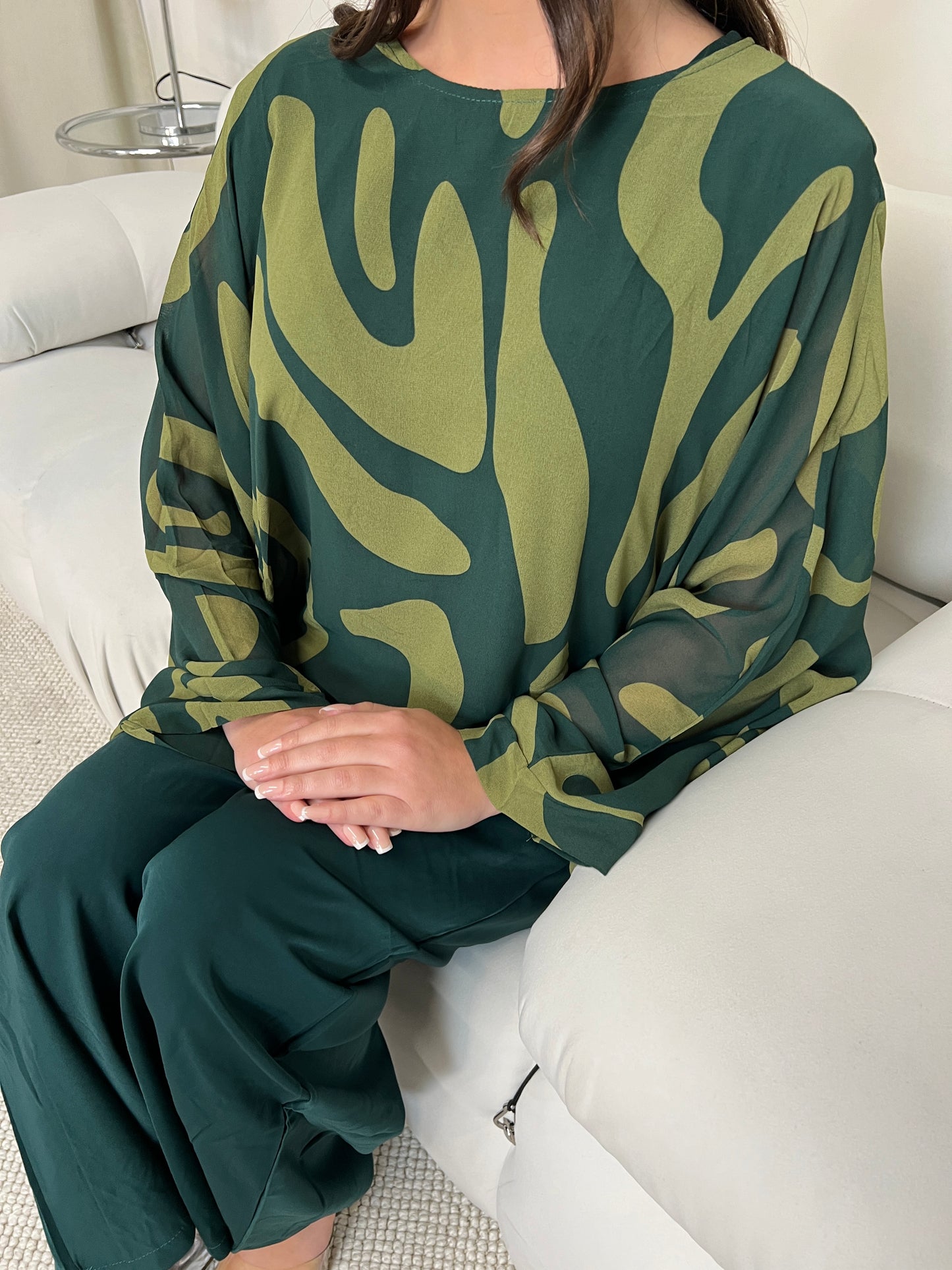 Brush Print Poncho and Trouser Set | Racing Green and Lime