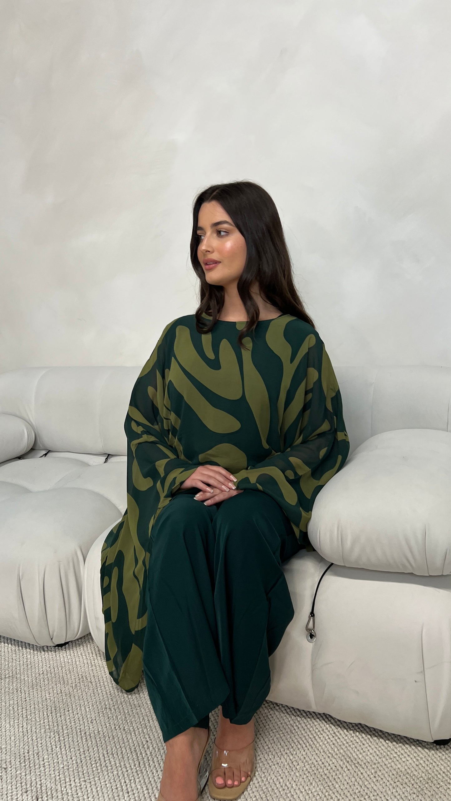 Brush Print Poncho and Trouser Set | Racing Green and Lime