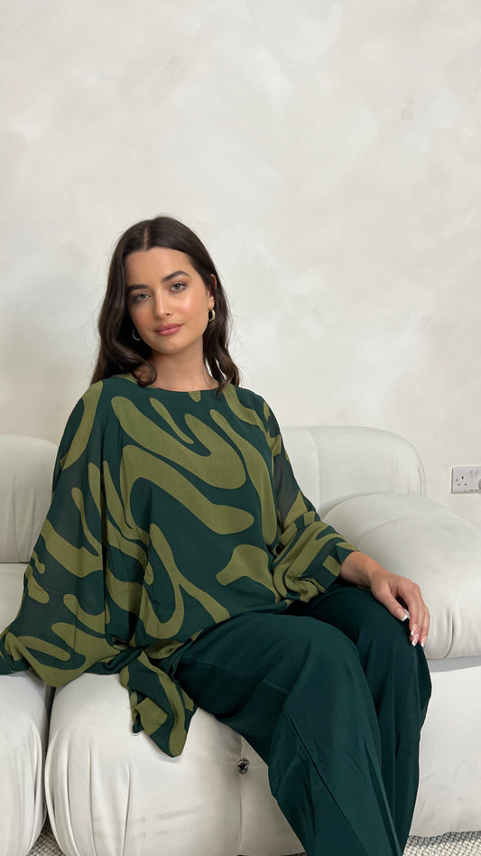 Brush Print Poncho and Trouser Set | Racing Green and Lime