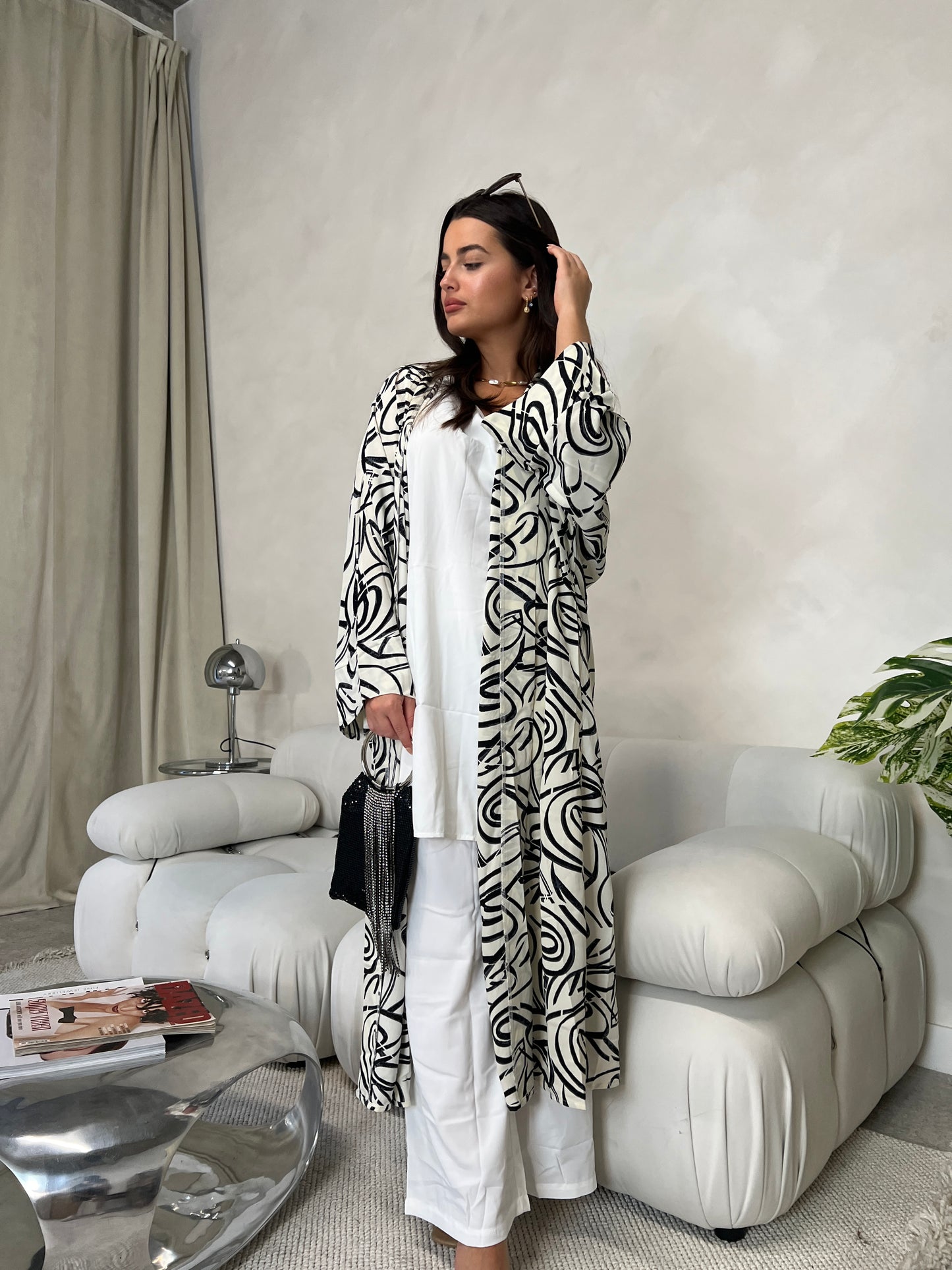 Printed Open Jacket and Trouser 3 Piece Set | White and Black | Abaya