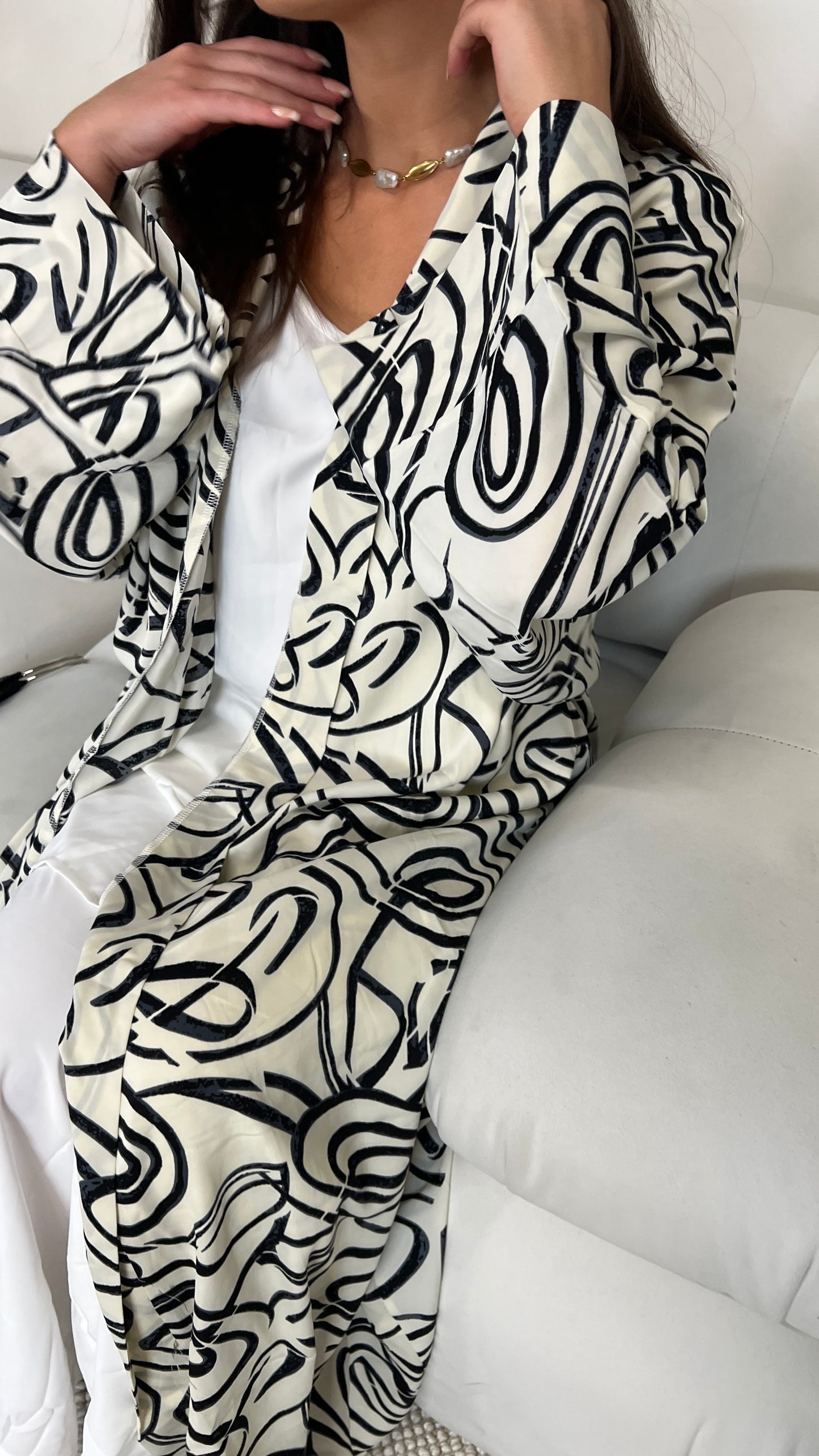 Printed Open Jacket and Trouser 3 Piece Set | White and Black | Abaya