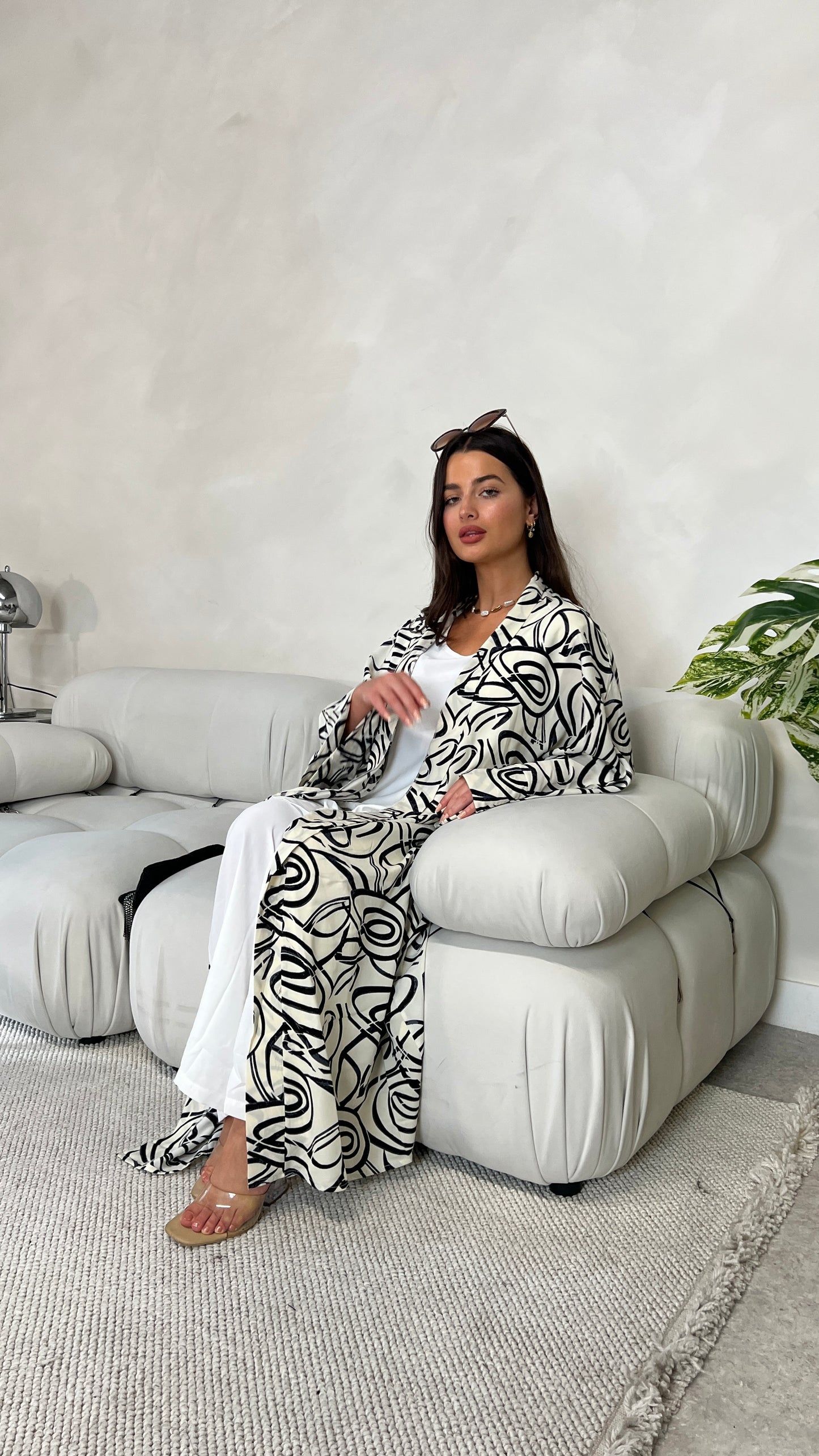 Printed Open Jacket and Trouser 3 Piece Set | White and Black | Abaya