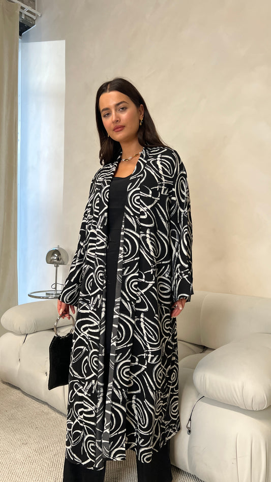 Printed Open Jacket and Trouser 3 Peice Set | Black and White | Abaya